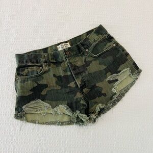 Free People Green Camouflage Jean Shorts